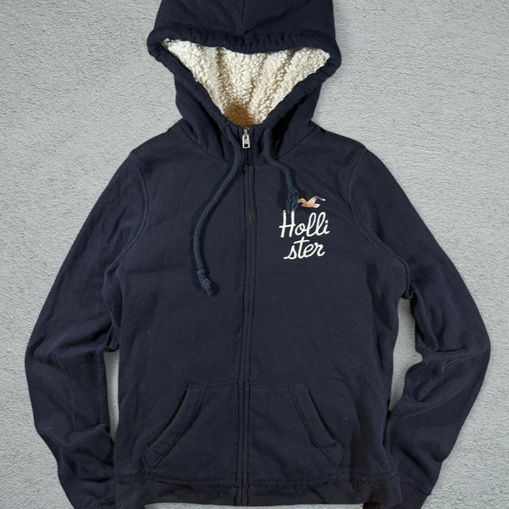 Hollister Co Navy Blue Sherpa Lined Zip Up Hoodie Y2K Bird Logo Women Small